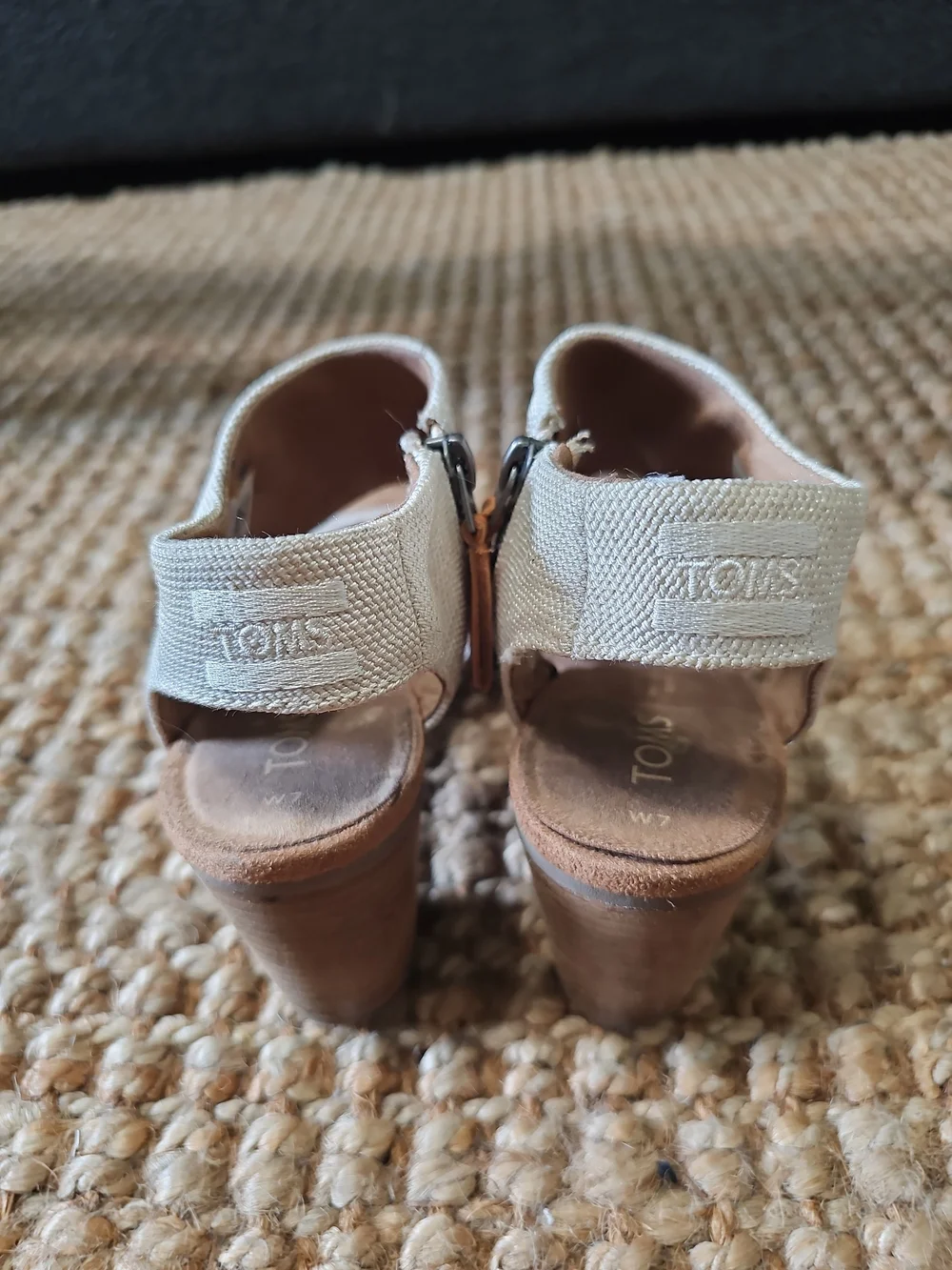Toms Cream Fabric Block Heel Sandals with Wood-Tone Heel